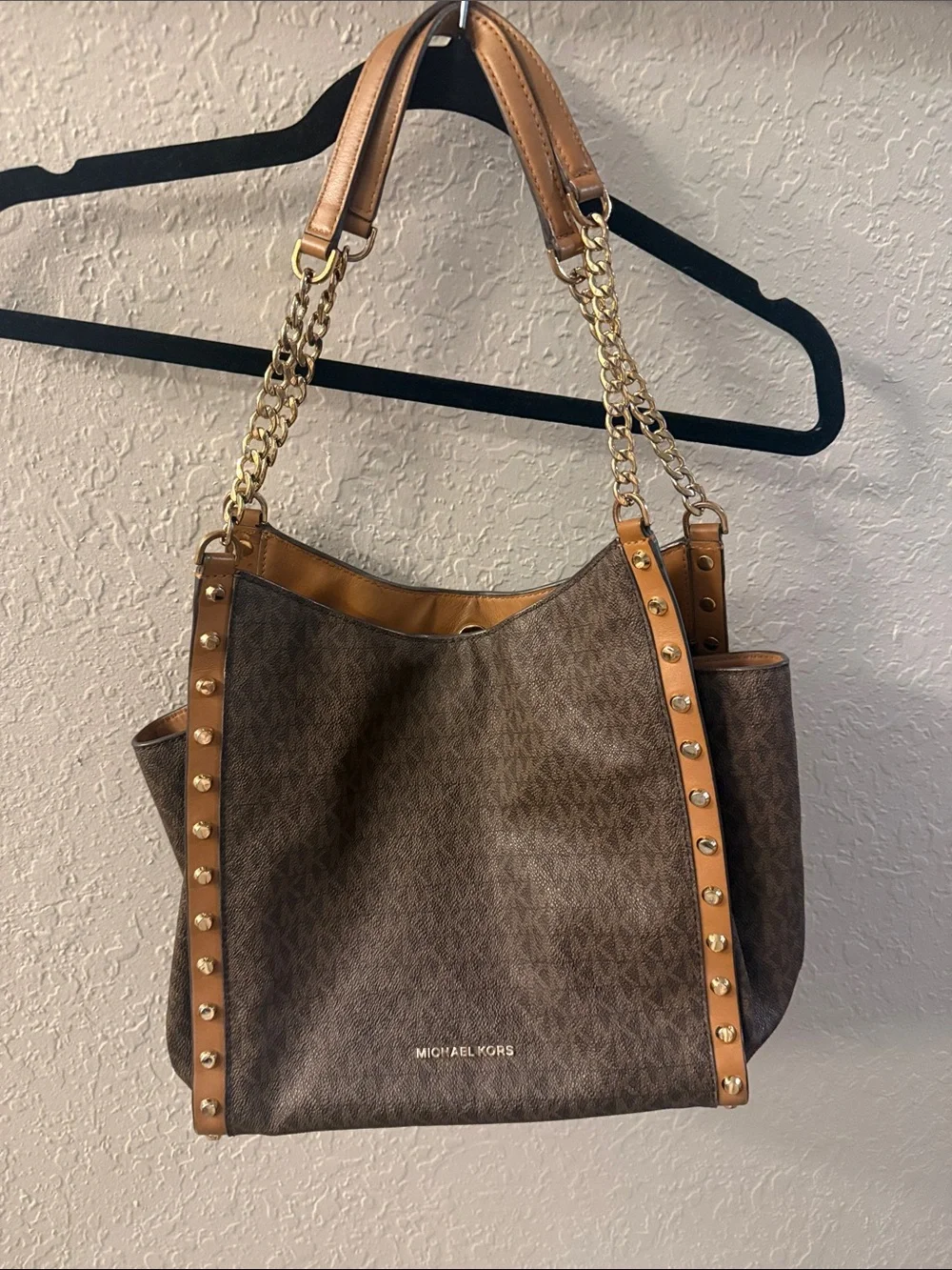 MICHAEL KORS Brown and Tan Studded Chain-Handle Tote
